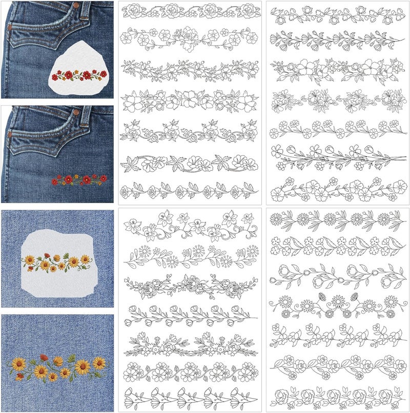 CRASHOT Water Soluble Stabilizer Embroidery Pattern - Flower Border Stick & Stitch Embroidery Paper Wash Away, Running Border Hand Sewing Patterns for Jean Bag T-Shirt (4 Sheets) - Image 1